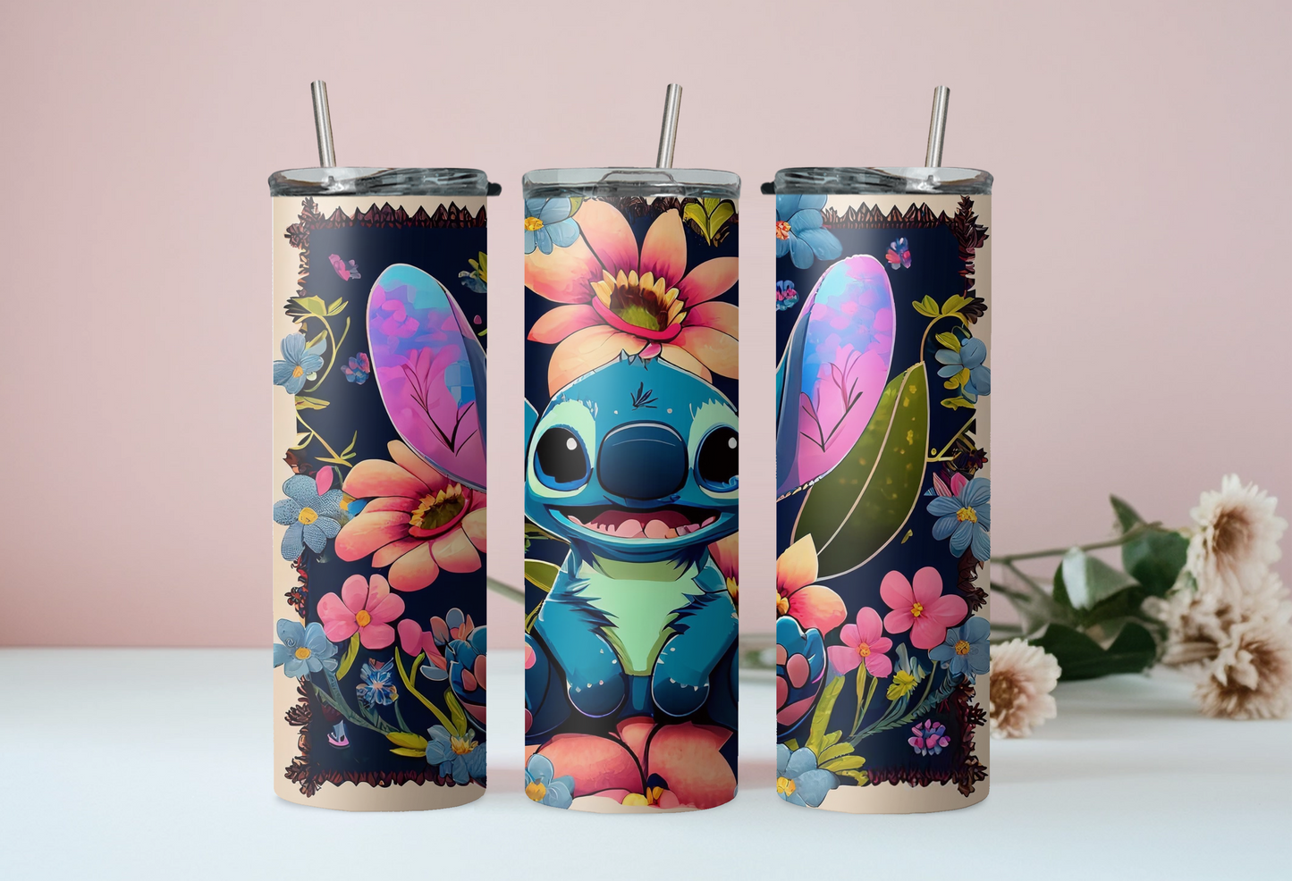 Floral Black Stitch Tumbler