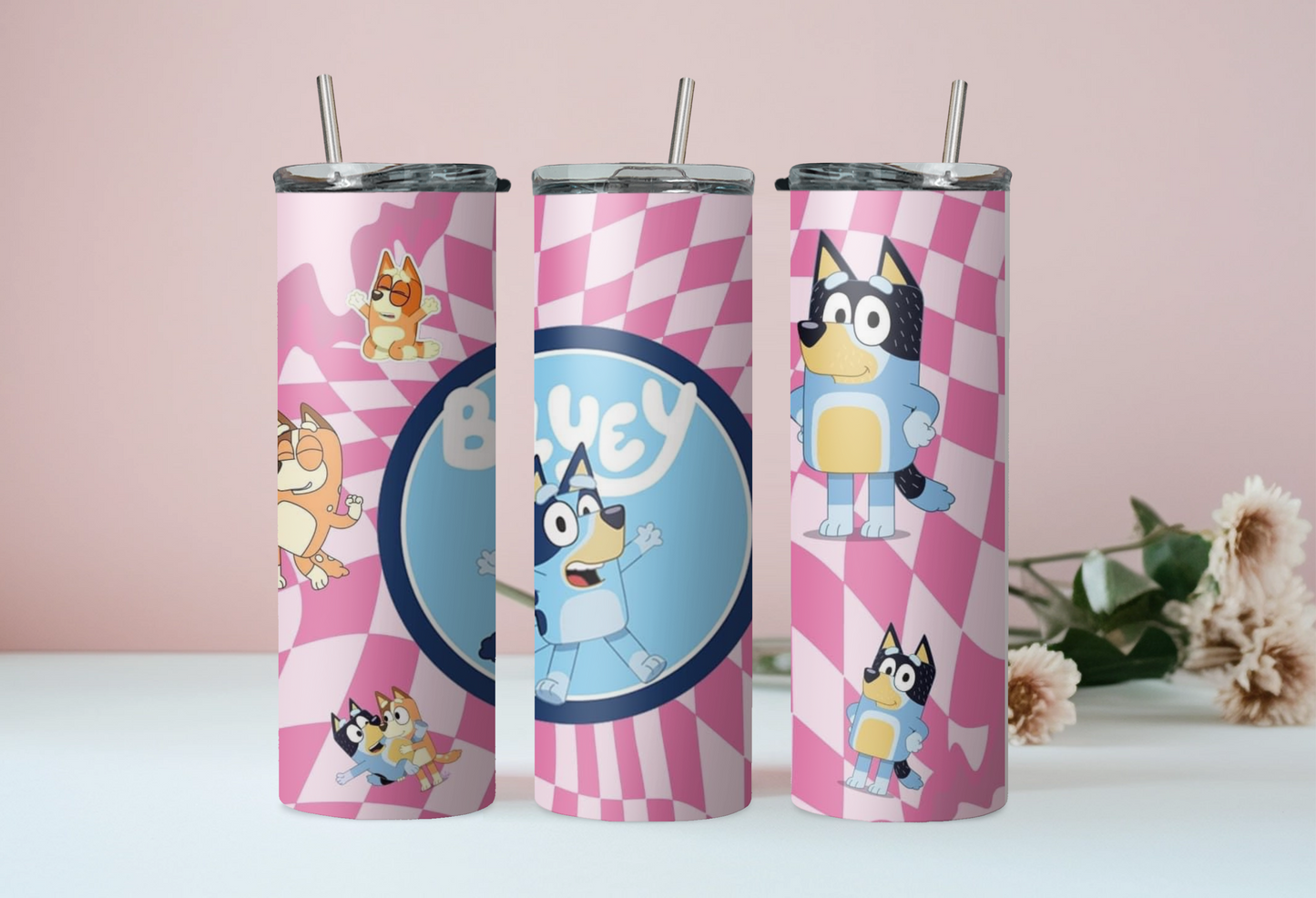 Pink Checkered Bluey Tumbler