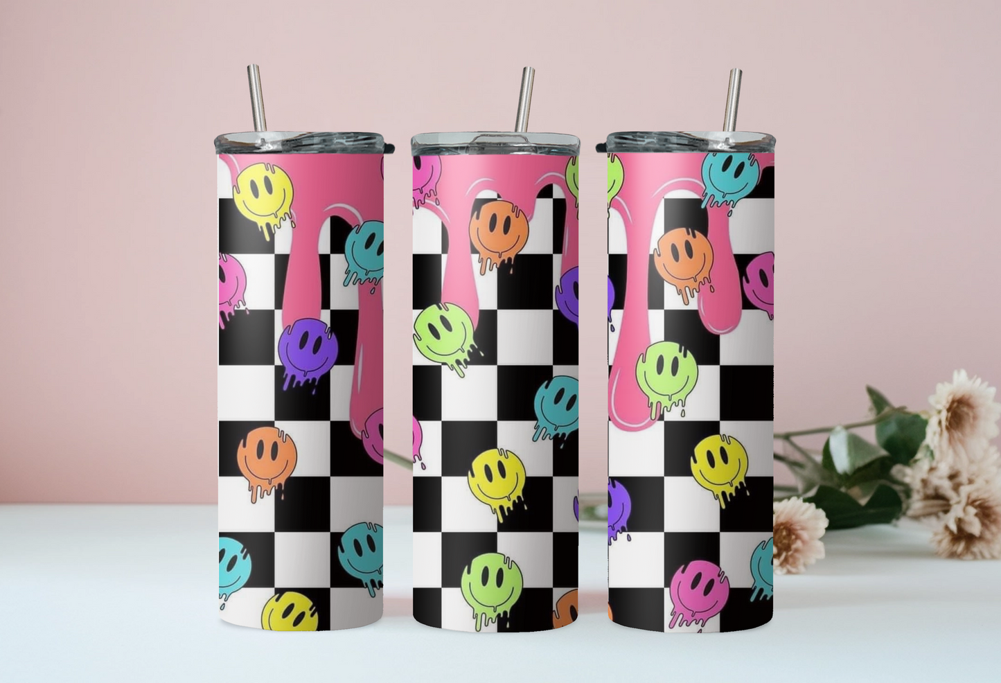 Checkered Neon Smiley Tumbler