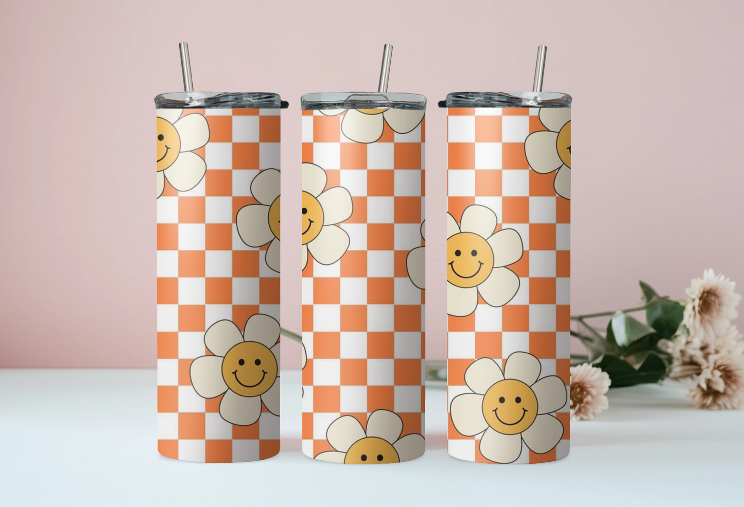 Orange & White Smiley Flower Tumbler